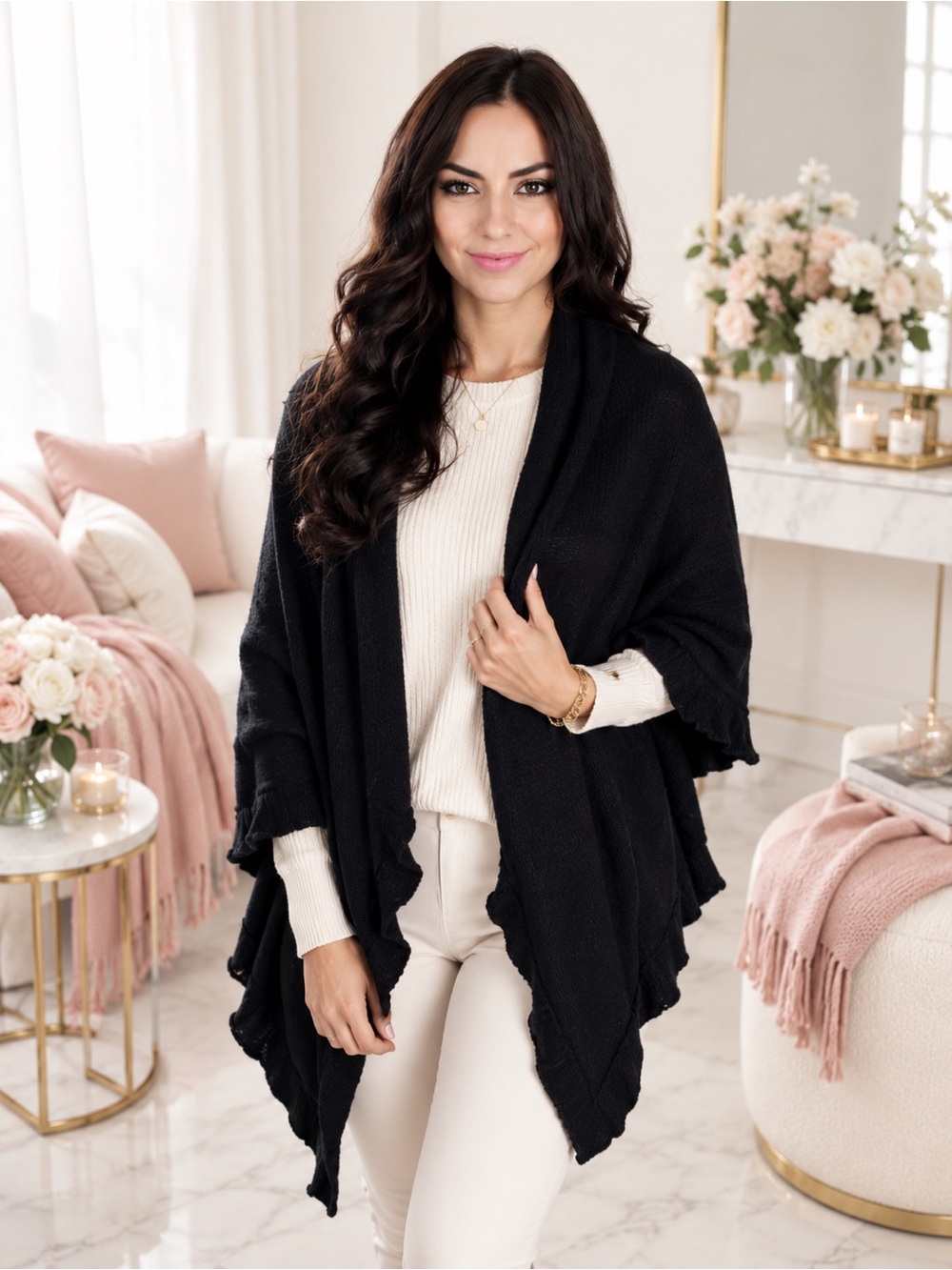 Boutique Black Knit Scarf Wrap Ruffle Edge Cozy Luxe Shawl NWT One Size